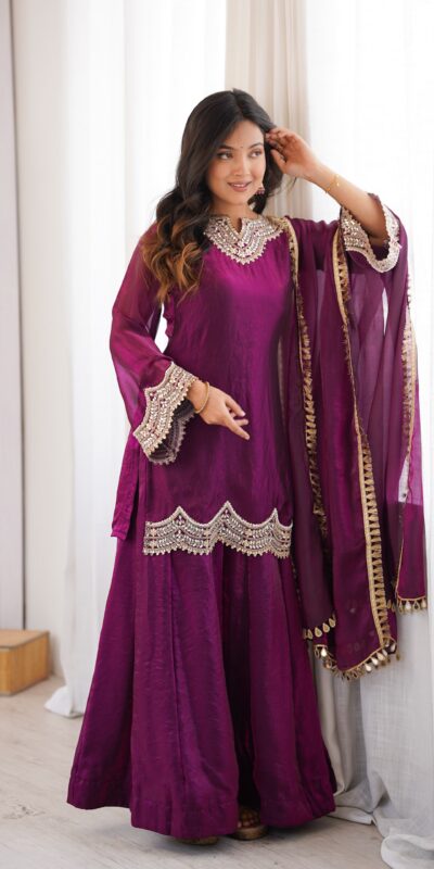 Super Wine Fendy Silk Embroidery Mirror Work⁠ Salwar Suit