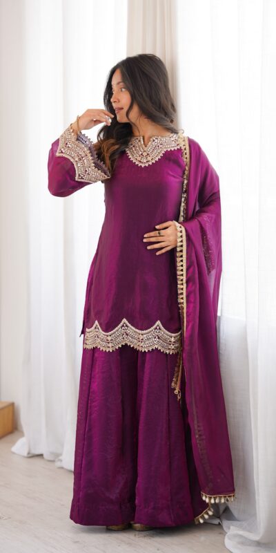 Super Wine Fendy Silk Embroidery Mirror Work⁠ Salwar Suit