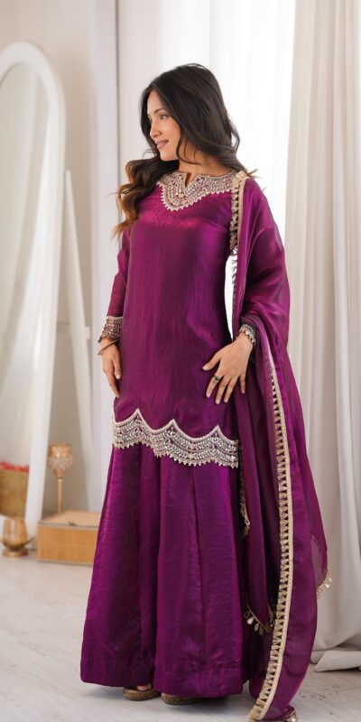 Super Wine Fendy Silk Embroidery Mirror Work⁠ Salwar Suit