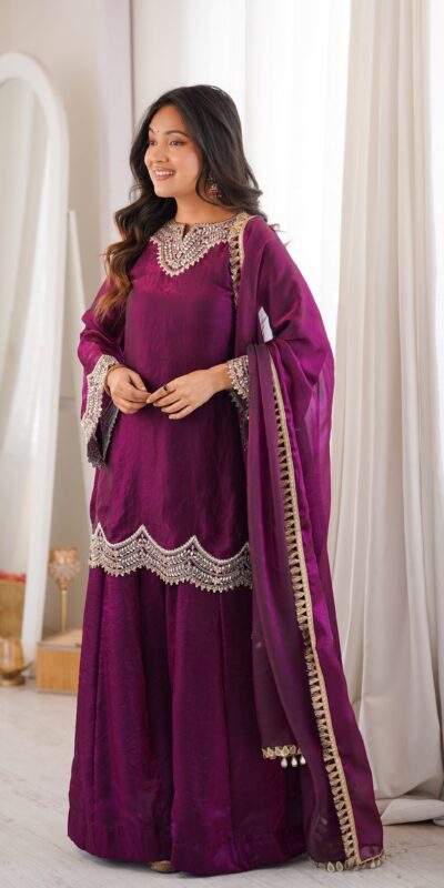 Super Wine Fendy Silk Embroidery Mirror Work⁠ Salwar Suit
