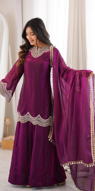 Super Wine Fendy Silk Embroidery Mirror Work⁠ Salwar Suit