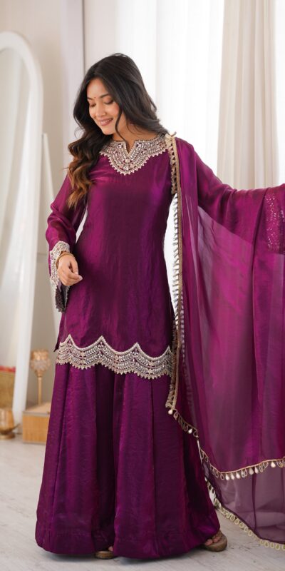 Super Wine Fendy Silk Embroidery Mirror Work⁠ Salwar Suit