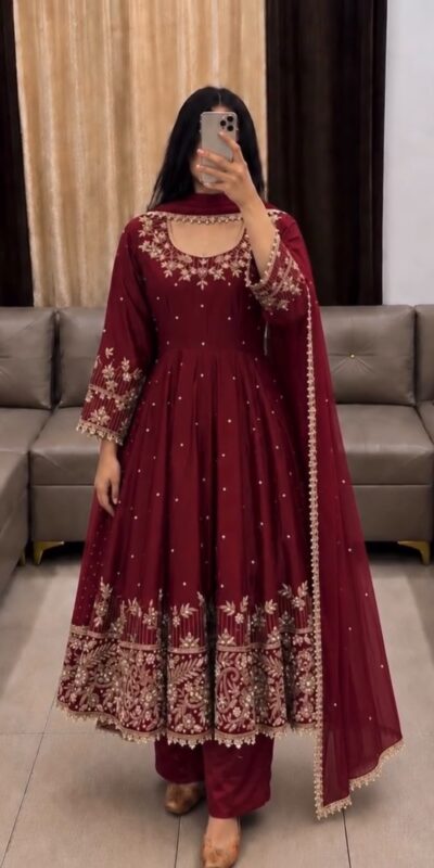 SR 1719 Maroon Faux Georgette Gown Perfect for Wedding, Party, Raksha Bandhan, Temple Visit, Onam – . Get it for ₹2149. Delivery 4-6 Working Days. Shop now | Gowns, Bollywood Gowns, Creative Gowns, Designer Gowns, Embroidered Gowns, Party Wear Gowns
