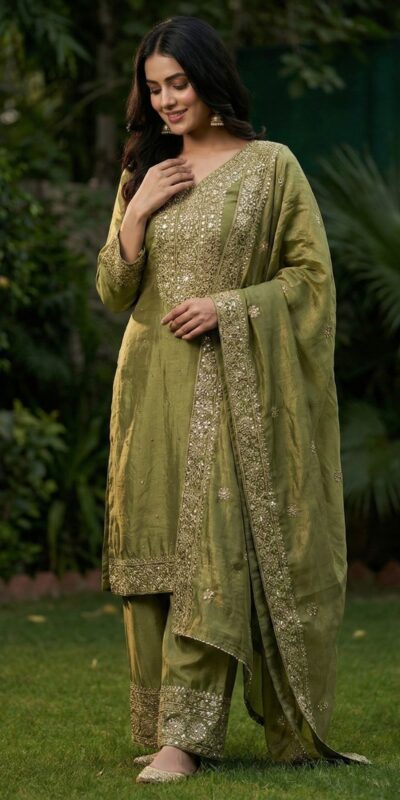 JF 040 Mehandi Fendy Silk Salwar Suitwith Embroidery Work & Lace Work. Now at just ₹2049. Delivery 4-6 Working Days. Shop now. | Jump Suits, Salwar suit, Casual Suits, Creative suits, Designer Suits, Palazzo Suits, Party Wear Suits, Patiala Suits, Straight Suits