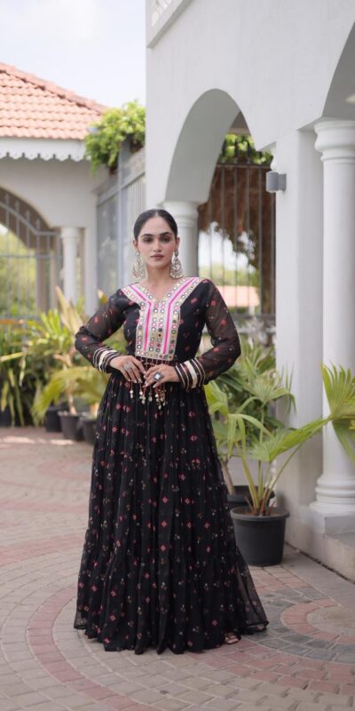 KA 1265 Black Color Faux Georgette Gown with Mirror Work. Wedding, Party, Festive, Events Get it for ₹1819. Delivery 4-6 Working Days.Online Shop now. | Gowns, Bollywood Gowns, Creative Gowns, Designer Gowns, Embroidered Gowns, Party Wear Gowns