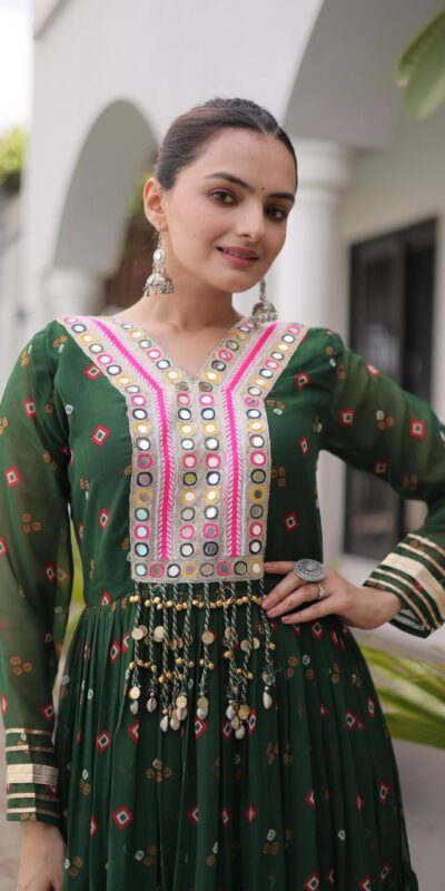KA 1265 Green Color Faux Georgette Gown with Mirror Work. Wedding, Party, Festive, Events Get it for ₹1819. Delivery 4-6 Working Days.Online Shop now. | Gowns, Bollywood Gowns, Creative Gowns, Designer Gowns, Embroidered Gowns, Party Wear Gowns