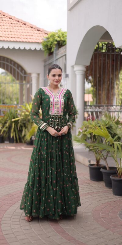 KA 1265 Green Color Faux Georgette Gown with Mirror Work. Wedding, Party, Festive, Events Get it for ₹1819. Delivery 4-6 Working Days.Online Shop now. | Gowns, Bollywood Gowns, Creative Gowns, Designer Gowns, Embroidered Gowns, Party Wear Gowns