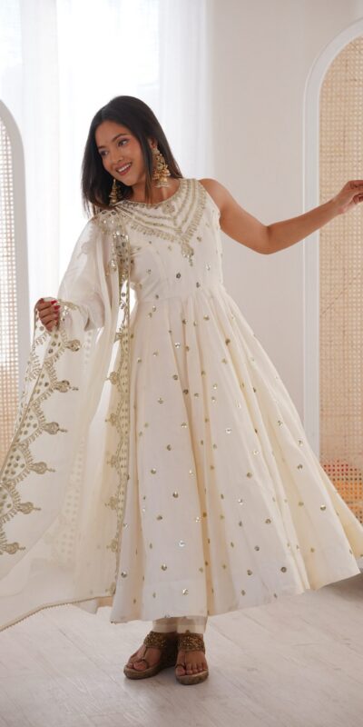 JF 038 White Roman Silk Gown with Embroidery Work. Wedding, Party, Festive, Events, Navratri, Exclusive Offer ₹2149. Delivery 4-6 Working Days. Shop now. | Gowns, Bollywood Gowns, Creative Gowns, Designer Gowns, Embroidered Gowns, Party Wear Gowns
