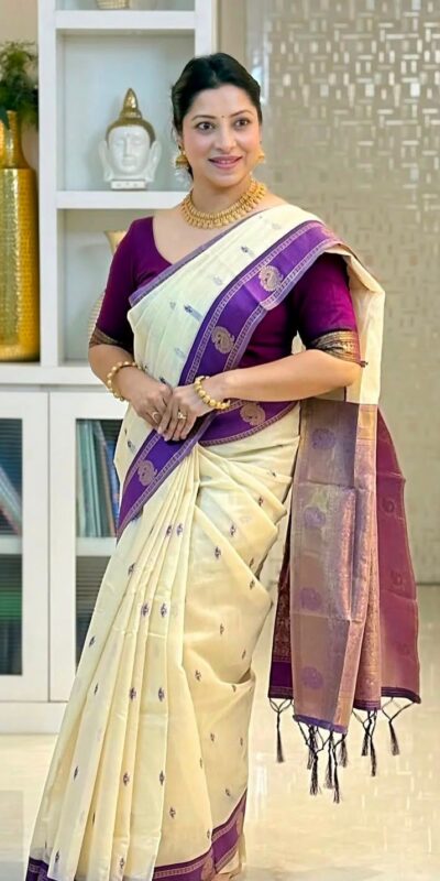 KPR 308 Cream in Soft Lichi Silk Jacquard Work Designer Work Saree . Exclusive Offer ₹1449. Delivery 4-6 Working Days. Shop now. | Sarees, Bollywood Sarees, Creative Sarees, Designer Sarees, Embroidered Sarees, Ethnic Saree, Modern Digital sarees, Party Wear Sarees