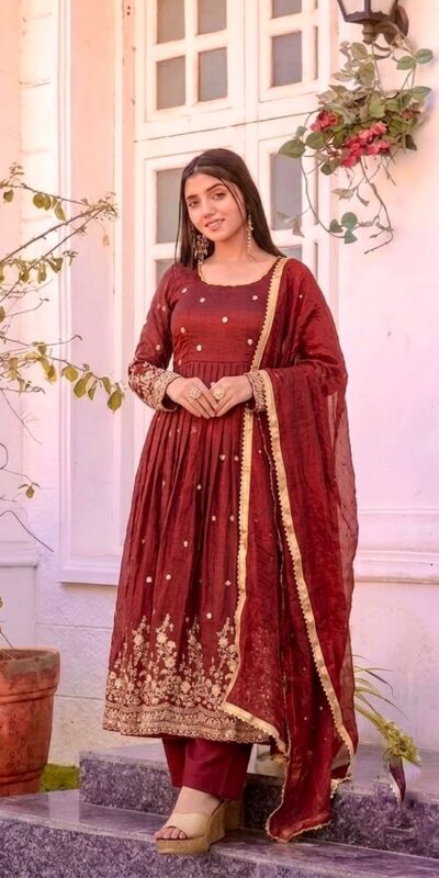 JF 051 Maroon | Maroon Fendy Silk Gown with Embroidery Work & Sequins Work. Special Price ₹2399. Delivery 4-6 Working Days. Shop now. | Gowns, Bollywood Gowns, Creative Gowns, Designer Gowns, Embroidered Gowns, Party Wear Gowns