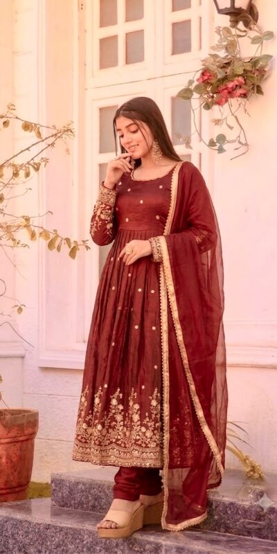 JF 051 Maroon | Maroon Fendy Silk Gown with Embroidery Work & Sequins Work. Special Price ₹2399. Delivery 4-6 Working Days. Shop now. | Gowns, Bollywood Gowns, Creative Gowns, Designer Gowns, Embroidered Gowns, Party Wear Gowns