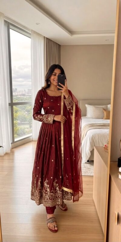 JF 051 Maroon | Maroon Fendy Silk Gown with Embroidery Work & Sequins Work. Special Price ₹2399. Delivery 4-6 Working Days. Shop now. | Gowns, Bollywood Gowns, Creative Gowns, Designer Gowns, Embroidered Gowns, Party Wear Gowns