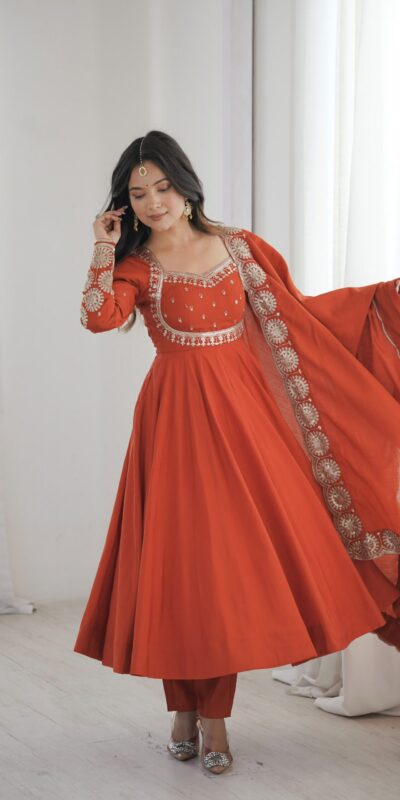 ZF 5026  Orange Colour Roman Silk Salwar Suit with Embroidery Work. Best Price ₹2399. Delivery 4-6 Working Days. Shop now. | Anarkali Suits, Bollywood Anarkali, Creative-Anarkali, Designer Anarkali, Embroidered Anarkali, Party Wear Anarkali