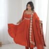 Glowing Orange Roman Silk Embroidery Work Anarkali Suit