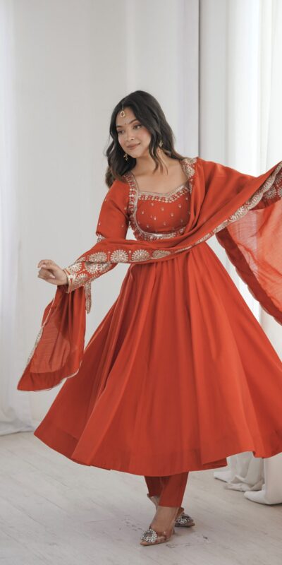 ZF 5026  Orange Colour Roman Silk Salwar Suit with Embroidery Work. Best Price ₹2399. Delivery 4-6 Working Days. Shop now. | Anarkali Suits, Bollywood Anarkali, Creative-Anarkali, Designer Anarkali, Embroidered Anarkali, Party Wear Anarkali