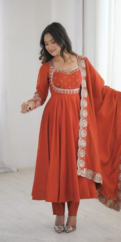 ZF 5026  Orange Colour Roman Silk Salwar Suit with Embroidery Work. Best Price ₹2399. Delivery 4-6 Working Days. Shop now. | Anarkali Suits, Bollywood Anarkali, Creative-Anarkali, Designer Anarkali, Embroidered Anarkali, Party Wear Anarkali