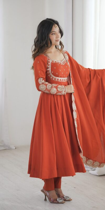 ZF 5026  Orange Colour Roman Silk Salwar Suit with Embroidery Work. Best Price ₹2399. Delivery 4-6 Working Days. Shop now. | Anarkali Suits, Bollywood Anarkali, Creative-Anarkali, Designer Anarkali, Embroidered Anarkali, Party Wear Anarkali