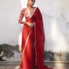 Glowing Red Georgette Sequins Embroidery Work Saree