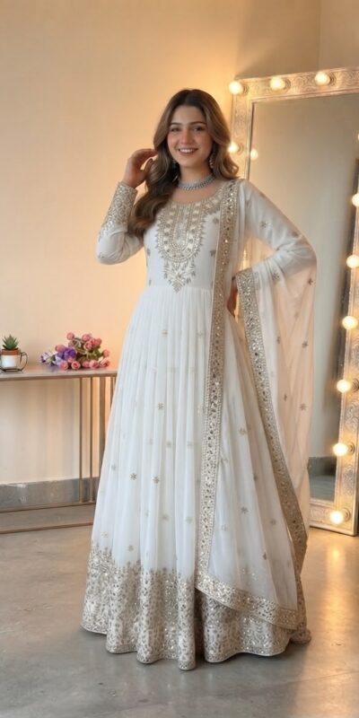 SSR 546 White in Georgette Embroidery Work & Sequins Work Gown . Get it for ₹2149. Delivery 4-6 Working Days. Online Shop now. | Gowns, Bollywood Gowns, Creative Gowns, Designer Gowns, Embroidered Gowns, Party Wear Gowns