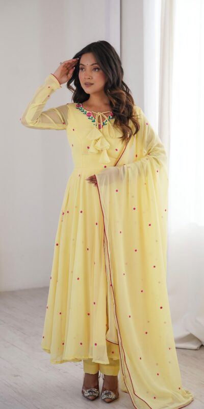 SP 82 Yellow in Heavy Faux Georgette Embroidery Work Salwar Suit . Introductory Price ₹1999. Delivery 4-6 Working Days. Shop now. | Anarkali Suits, Bollywood Anarkali, Creative-Anarkali, Designer Anarkali, Embroidered Anarkali, Party Wear Anarkali