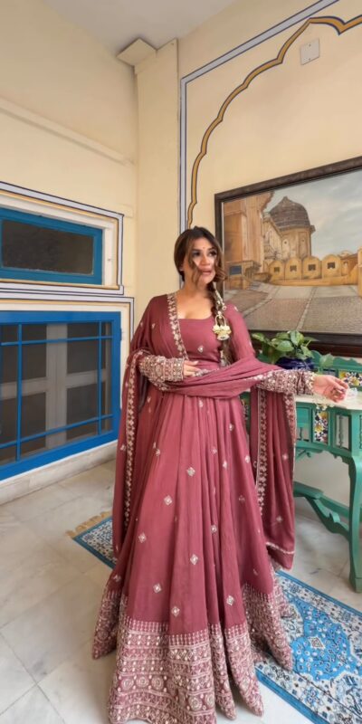 KD1589 Peach Color Mul Chanderi Silk Mul Chanderi Silk Thread Embroidery Gown Delivery 4-6 Working Days. Online Shop now. | Gowns, Bollywood Gowns, Creative Gowns, Designer Gowns, Embroidered Gowns, Party Wear Gowns