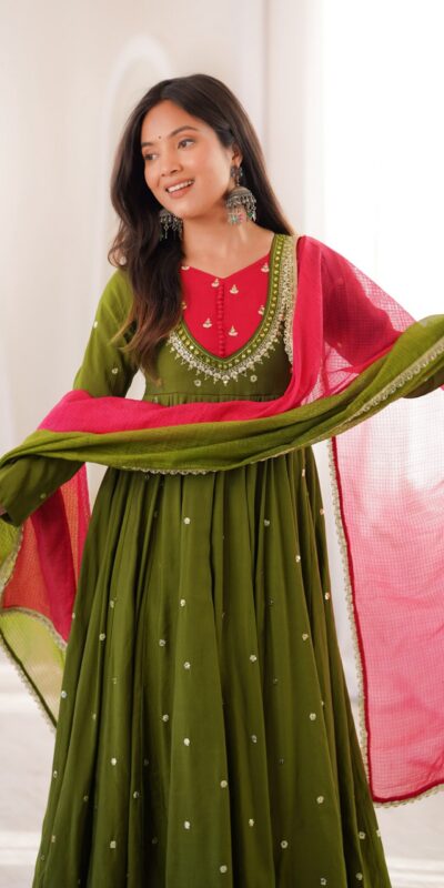 ZF 5023 Mehandi Roman Silk Gown with Mirror Work & Embroidery Work. Special Price ₹2099. Delivery 4-6 Working Days. Shop now. | Gowns, Bollywood Gowns, Creative Gowns, Designer Gowns, Embroidered Gowns, Party Wear Gowns