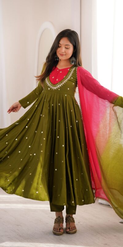 ZF 5023 Mehandi Roman Silk Gown with Mirror Work & Embroidery Work. Special Price ₹2099. Delivery 4-6 Working Days. Shop now. | Gowns, Bollywood Gowns, Creative Gowns, Designer Gowns, Embroidered Gowns, Party Wear Gowns