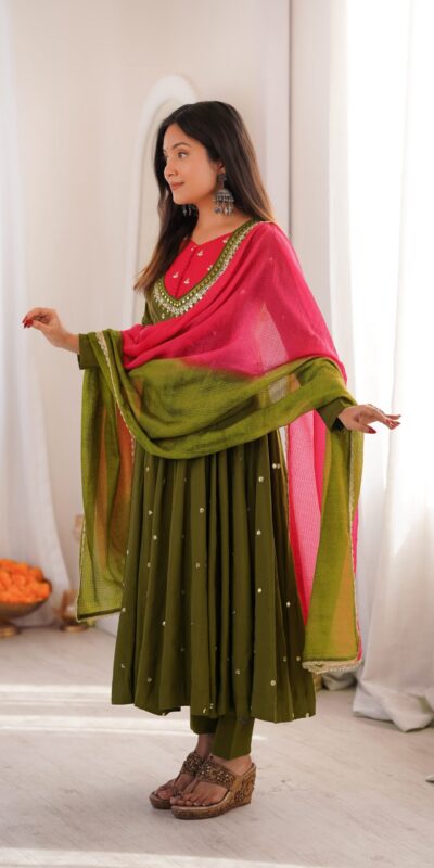 ZF 5023 Mehandi Roman Silk Gown with Mirror Work & Embroidery Work. Special Price ₹2099. Delivery 4-6 Working Days. Shop now. | Gowns, Bollywood Gowns, Creative Gowns, Designer Gowns, Embroidered Gowns, Party Wear Gowns
