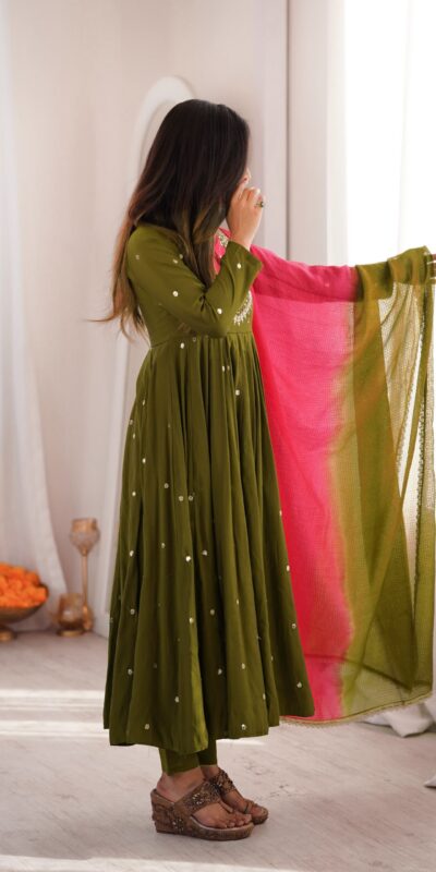 ZF 5023 Mehandi Roman Silk Gown with Mirror Work & Embroidery Work. Special Price ₹2099. Delivery 4-6 Working Days. Shop now. | Gowns, Bollywood Gowns, Creative Gowns, Designer Gowns, Embroidered Gowns, Party Wear Gowns