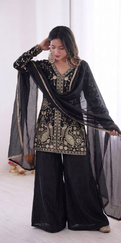 JF 043 Black Pure Fendy Silk Salwar Suitwith Embroidery Work & Sequins Work. Exclusive Offer ₹1940. Delivery 4-6 Working Days. Shop now. | Jump Suits, Salwar suit, Casual Suits, Creative suits, Designer Suits, Palazzo Suits, Party Wear Suits, Patiala Suits, Straight Suits