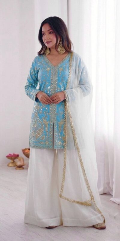 JF 043 Sky Blue Pure Fendy Silk Salwar Suitwith Embroidery Work & Sequins Work. Exclusive Offer ₹1940. Delivery 4-6 Working Days. Shop now. | Jump Suits, Salwar suit, Casual Suits, Creative suits, Designer Suits, Palazzo Suits, Party Wear Suits, Patiala Suits, Straight Suits