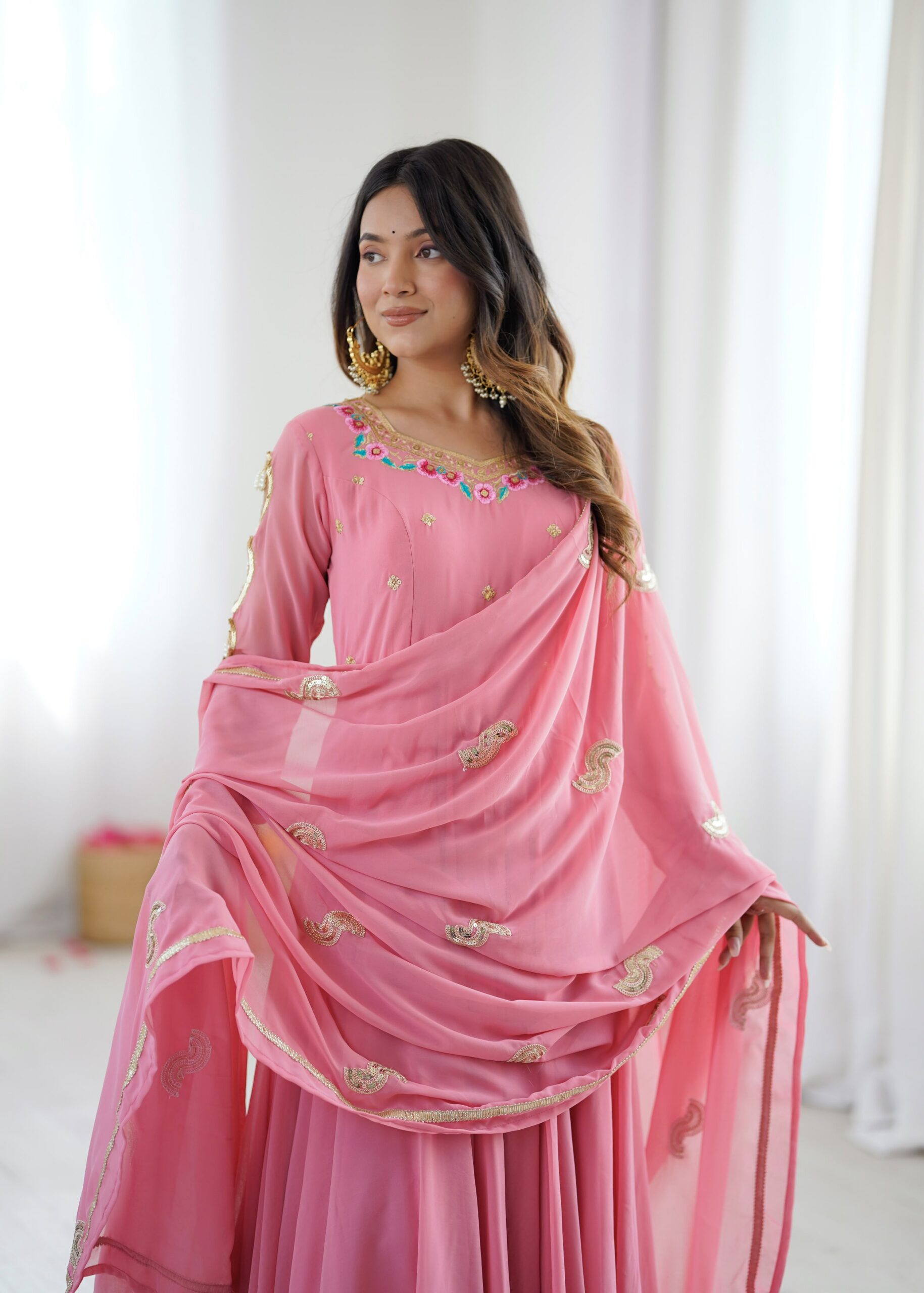 SRK 5363 Dusty Pink | Dusty Pink Faux Georgette Gown with Sequins Work & Embroidery Work. Affordable Price ₹2099. Delivery 4-6 Working Days. Shop now. | Gowns, Bollywood Gowns, Creative Gowns, Designer Gowns, Embroidered Gowns, Party Wear Gowns