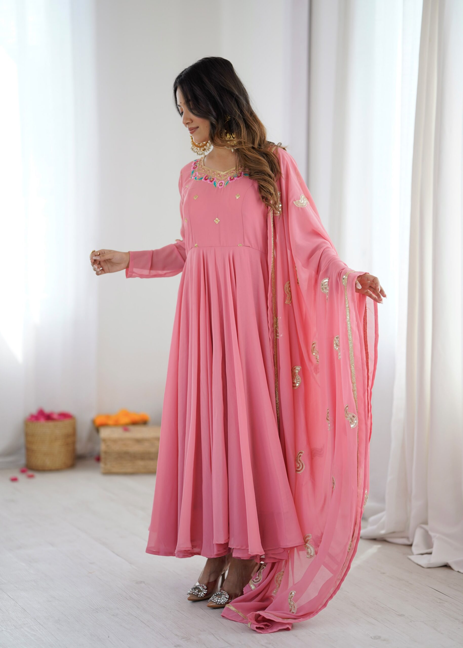SRK 5363 Dusty Pink | Dusty Pink Faux Georgette Gown with Sequins Work & Embroidery Work. Affordable Price ₹2099. Delivery 4-6 Working Days. Shop now. | Gowns, Bollywood Gowns, Creative Gowns, Designer Gowns, Embroidered Gowns, Party Wear Gowns