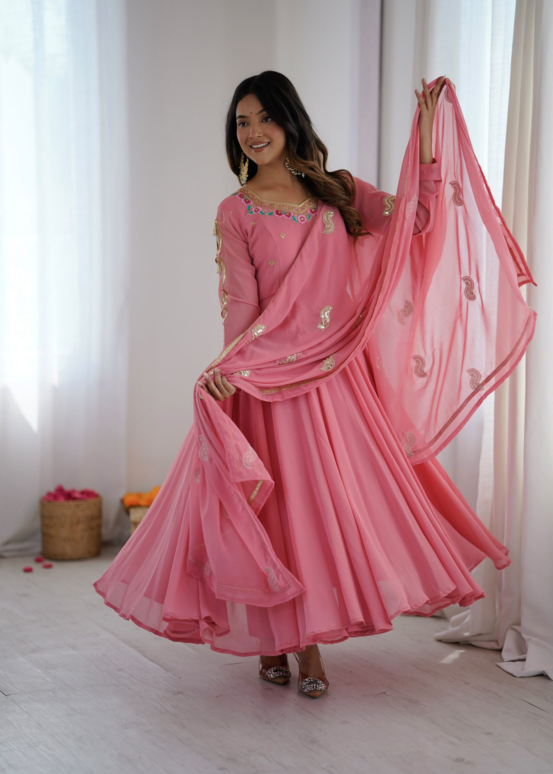 SRK 5363 Dusty Pink | Dusty Pink Faux Georgette Gown with Sequins Work & Embroidery Work. Affordable Price ₹2099. Delivery 4-6 Working Days. Shop now. | Gowns, Bollywood Gowns, Creative Gowns, Designer Gowns, Embroidered Gowns, Party Wear Gowns