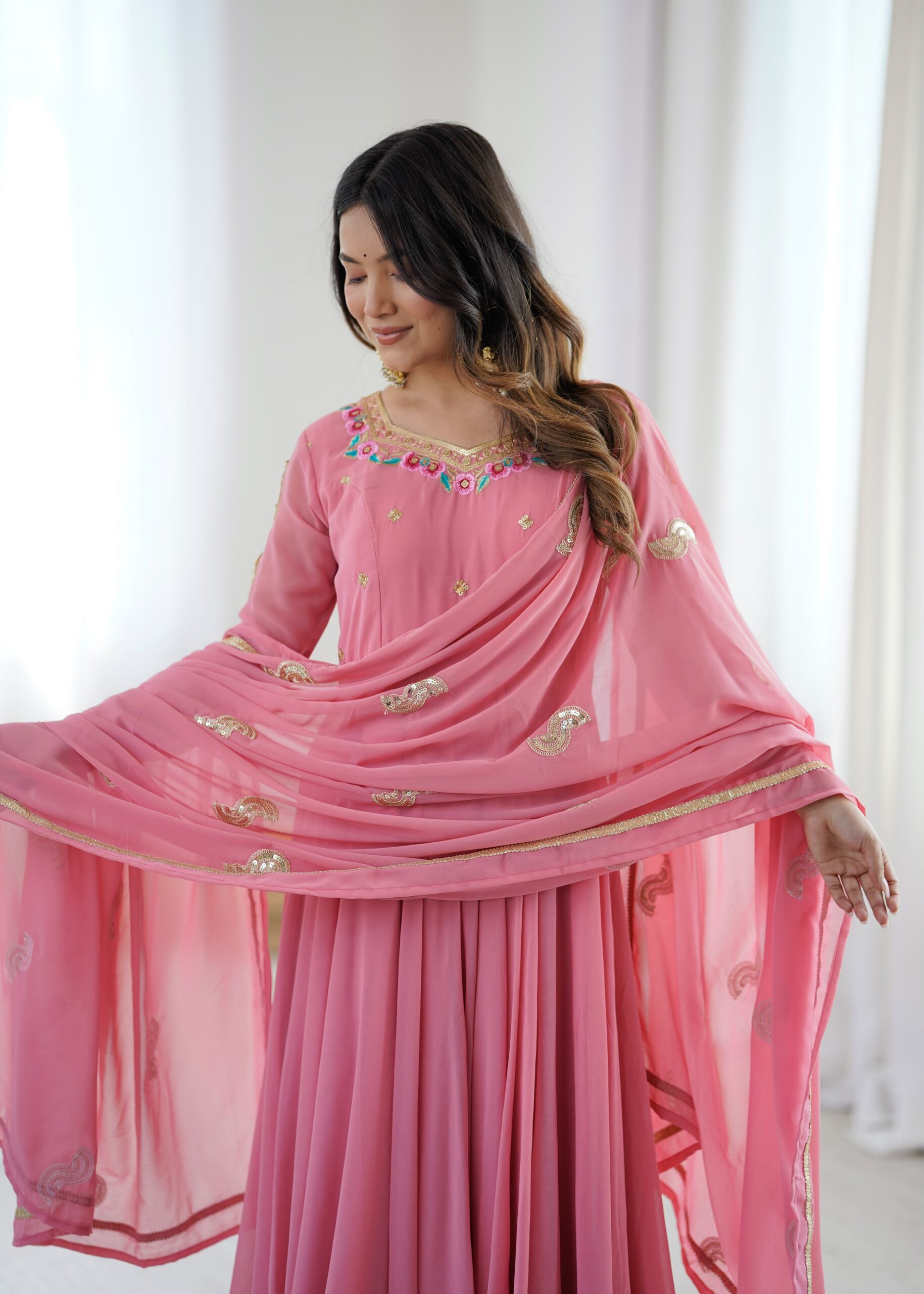 SRK 5363 Dusty Pink | Dusty Pink Faux Georgette Gown with Sequins Work & Embroidery Work. Affordable Price ₹2099. Delivery 4-6 Working Days. Shop now. | Gowns, Bollywood Gowns, Creative Gowns, Designer Gowns, Embroidered Gowns, Party Wear Gowns