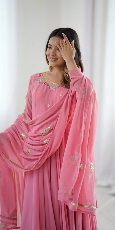 SRK 5363 Dusty Pink | Dusty Pink Faux Georgette Gown with Sequins Work & Embroidery Work. Affordable Price ₹2099. Delivery 4-6 Working Days. Shop now. | Gowns, Bollywood Gowns, Creative Gowns, Designer Gowns, Embroidered Gowns, Party Wear Gowns