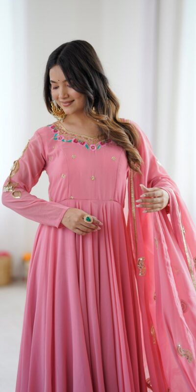 SRK 5363 Dusty Pink | Dusty Pink Faux Georgette Gown with Sequins Work & Embroidery Work. Affordable Price ₹2099. Delivery 4-6 Working Days. Shop now. | Gowns, Bollywood Gowns, Creative Gowns, Designer Gowns, Embroidered Gowns, Party Wear Gowns