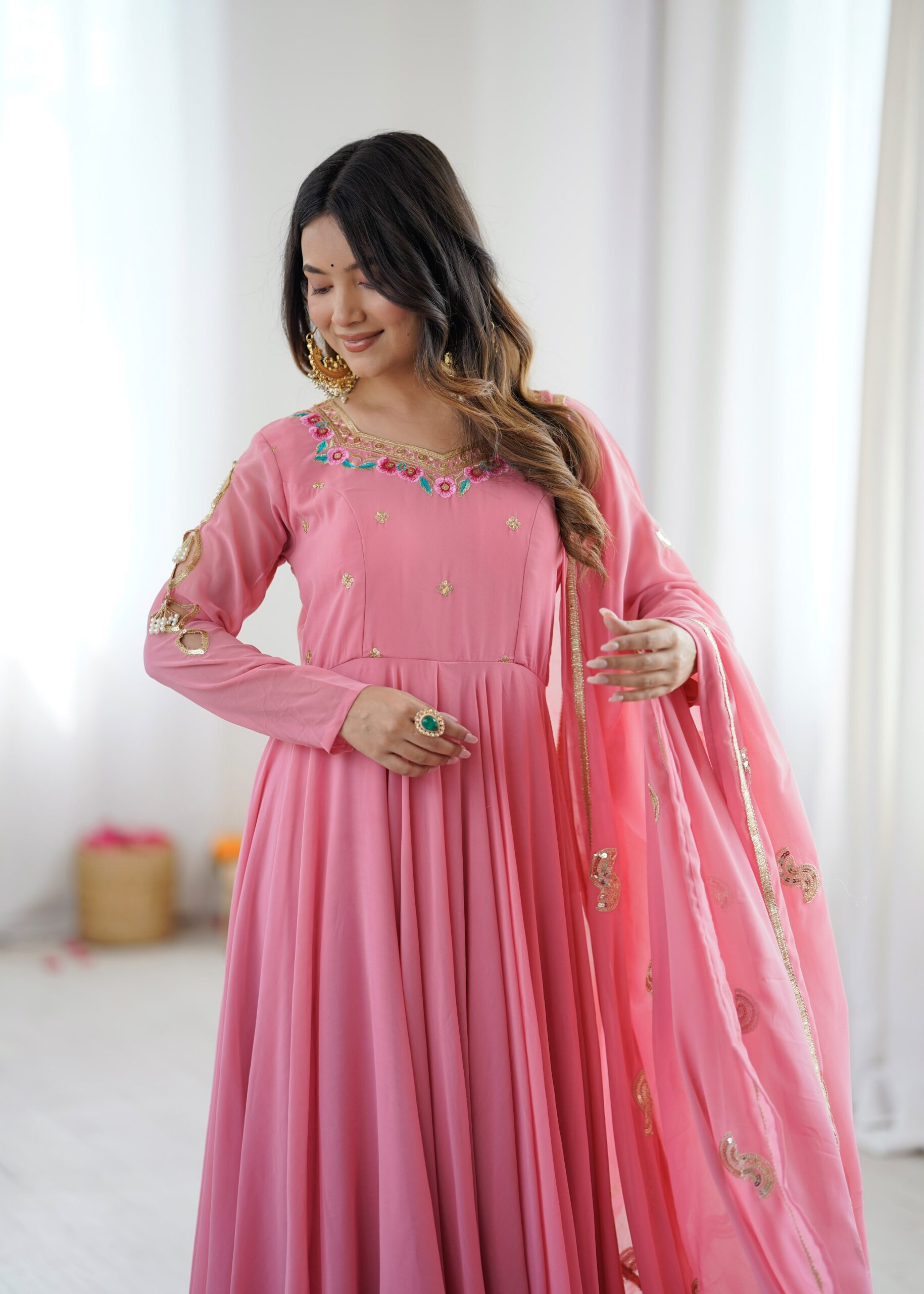 SRK 5363 Dusty Pink | Dusty Pink Faux Georgette Gown with Sequins Work & Embroidery Work. Affordable Price ₹2099. Delivery 4-6 Working Days. Shop now. | Gowns, Bollywood Gowns, Creative Gowns, Designer Gowns, Embroidered Gowns, Party Wear Gowns