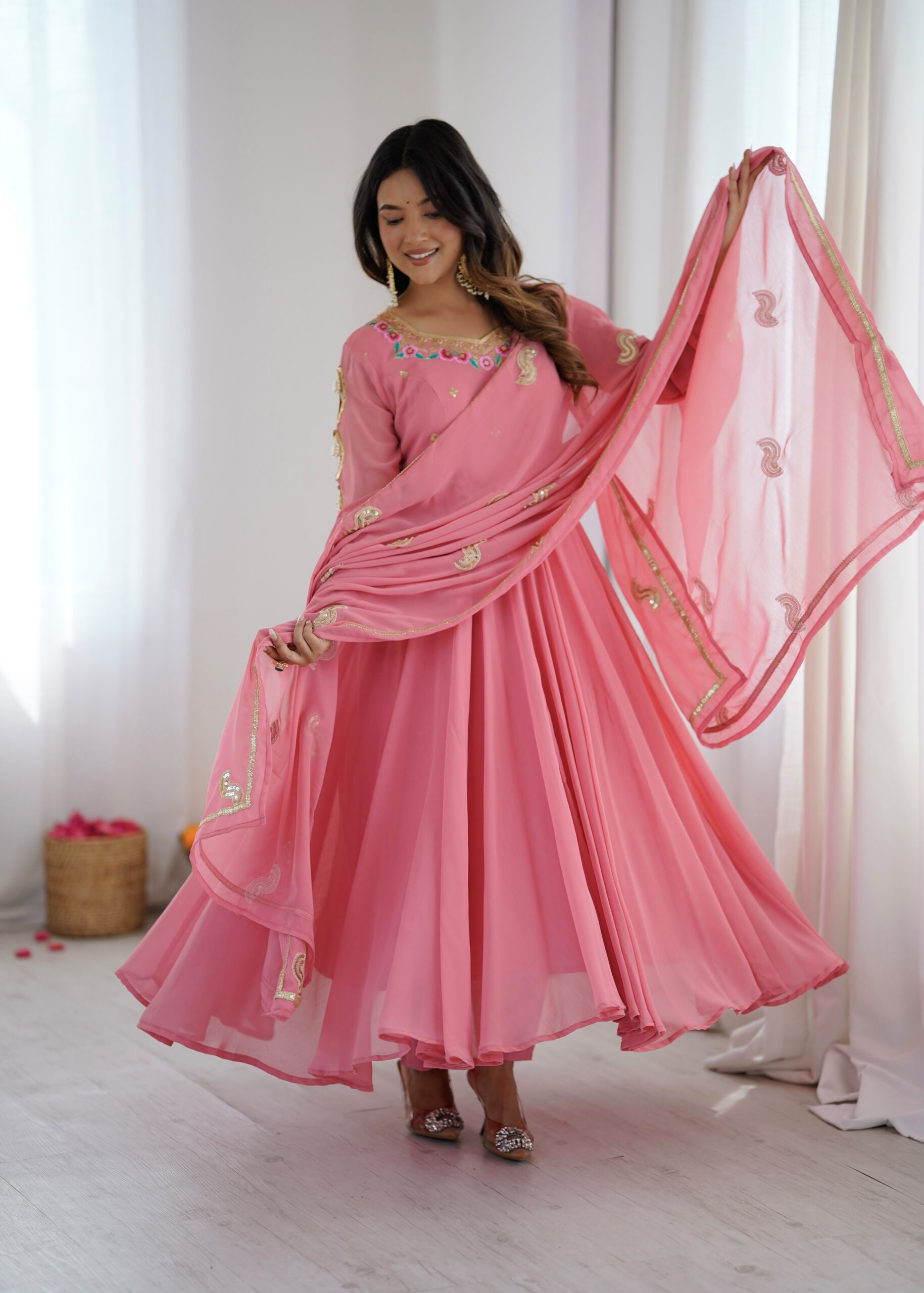 SRK 5363 Dusty Pink | Dusty Pink Faux Georgette Gown with Sequins Work & Embroidery Work. Affordable Price ₹2099. Delivery 4-6 Working Days. Shop now. | Gowns, Bollywood Gowns, Creative Gowns, Designer Gowns, Embroidered Gowns, Party Wear Gowns