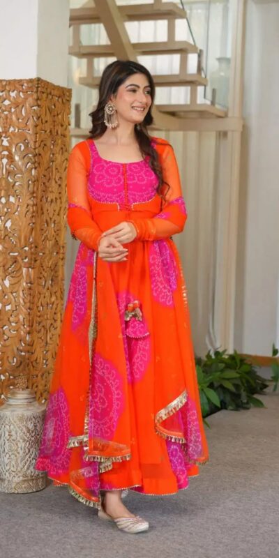 KD 1635 Orange | Orange Faux Georgette Salwar Suit with Lace Work & Digital Print. Introductory Price ₹2399. Delivery 4-6 Working Days. Shop now. | Anarkali Suits, Bollywood Anarkali, Creative-Anarkali, Designer Anarkali, Embroidered Anarkali, Party Wear Anarkali, Salwar suit