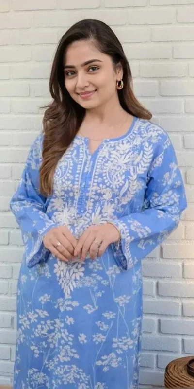 MF 1130 Blue in Colour Poly Cotton Chikenkari Work & Lace Work Kurti . Festive Deal ₹1499. Delivery 4-6 Working Days. Shop now. | Kurti, Bollywood Kurti, Creative Kurtis, Designer Kurti, Party Wear Kurti, Selfie Kurti