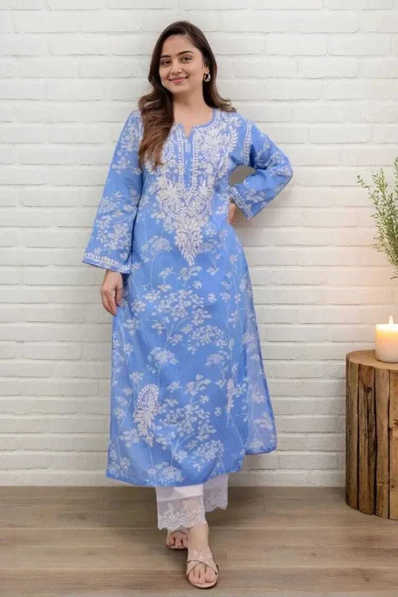 MF 1130 Blue in Colour Poly Cotton Chikenkari Work & Lace Work Kurti . Festive Deal ₹1499. Delivery 4-6 Working Days. Shop now. | Kurti, Bollywood Kurti, Creative Kurtis, Designer Kurti, Party Wear Kurti, Selfie Kurti
