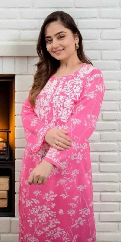 MF 1130 Pink in Colour Poly Cotton Chikenkari Work & Lace Work Kurti . Festive Deal ₹1499. Delivery 4-6 Working Days. Shop now. | Kurti, Bollywood Kurti, Creative Kurtis, Designer Kurti, Party Wear Kurti, Selfie Kurti