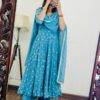 Simple Sky Blue Georgette Thread Embroidery Work Gown