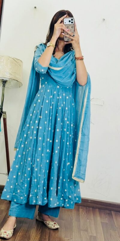 SRK 5358 Sky Blue with Thread Embroidery & Work Sky Blue Georgette Gown . Festive Deal ₹1899. Delivery 4-6 Working Days. Shop now. | Gowns, Bollywood Gowns, Creative Gowns, Designer Gowns, Embroidered Gowns, Party Wear Gowns