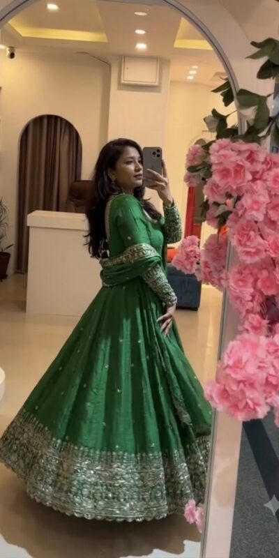 SSR 544 Green in Crunchy Silk Embroidery Work & Lace Work Gown . Special Price ₹2399. Delivery 4-6 Working Days. Shop now. | Gowns, Bollywood Gowns, Creative Gowns, Designer Gowns, Embroidered Gowns, Party Wear Gowns