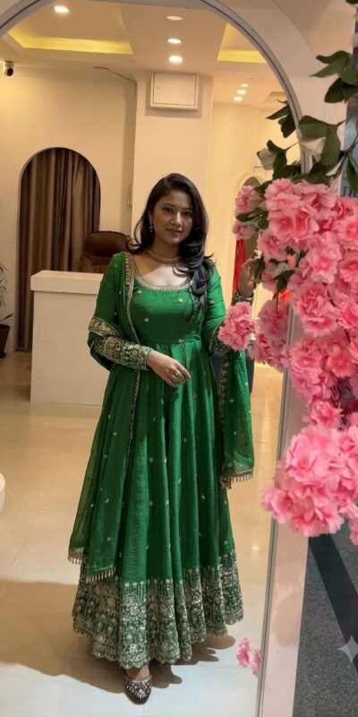 SSR 544 Green in Crunchy Silk Embroidery Work & Lace Work Gown . Special Price ₹2399. Delivery 4-6 Working Days. Shop now. | Gowns, Bollywood Gowns, Creative Gowns, Designer Gowns, Embroidered Gowns, Party Wear Gowns