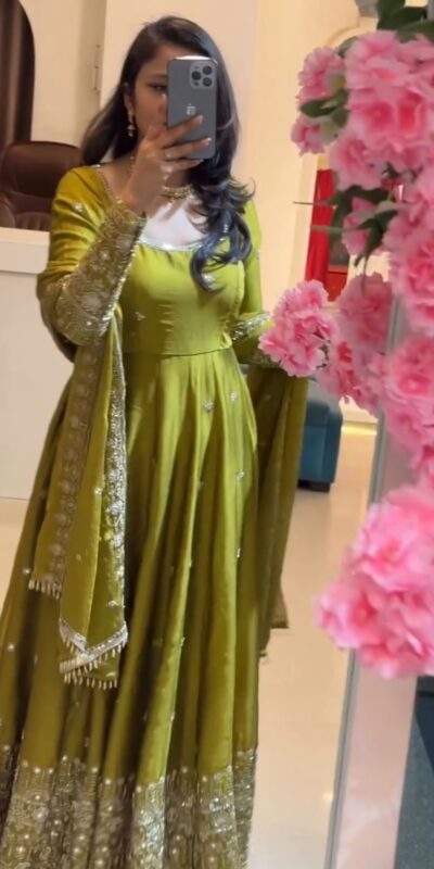 SSR 544 Lime Yellow in Crunchy Silk Embroidery Work & Lace Work Gown . Special Price ₹2399. Delivery 4-6 Working Days. Shop now. | Gowns, Bollywood Gowns, Creative Gowns, Designer Gowns, Embroidered Gowns, Party Wear Gowns