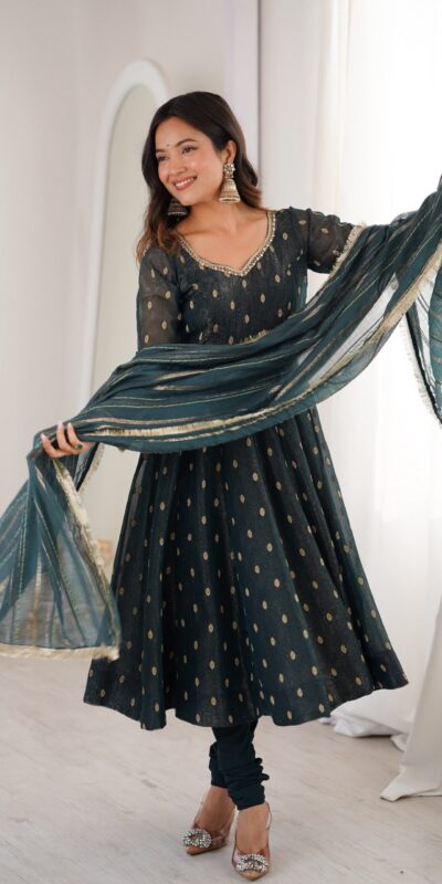 ZF 5021 Teal in Crunchy Silk Embroidery Work & Lace Work Gown . Special Price ₹2099. Delivery 4-6 Working Days. Shop now. | Gowns, Bollywood Gowns, Creative Gowns, Designer Gowns, Embroidered Gowns, Party Wear Gowns