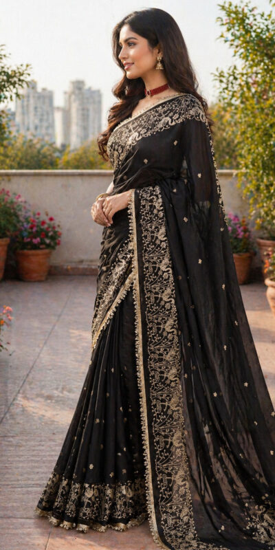 BT 446 Black Black Star Georgette Saree with Lace Work & Embroidery Work. Festive Deal ₹1799. Delivery 4-6 Working Days. Shop now. | Sarees, Bollywood Sarees, Creative Sarees, Designer Sarees, Embroidered Sarees, Ethnic Saree, Modern Digital sarees, Party Wear Sarees